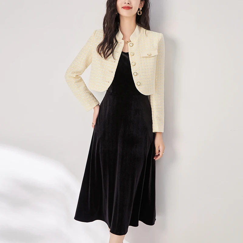 

Office Lady Elegant Two Piece Sets Autumn Winter 50% Wool Tweed Short Coat And Long Velvet Slip Dress Women Fashion 2 Piece Set