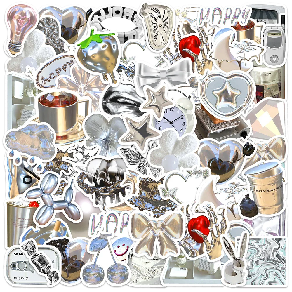 

10/30/50PCS INS Style Silver Aesthetic Cartoon Stickers Decals DIY Motorcycle Phone Case Luggage Cool DIY Toys Simple Sticker