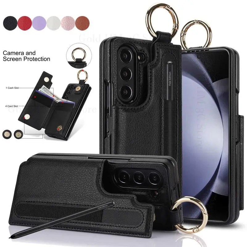 

Leather Stylus Kickstand Phone case For Galaxy Z Fold 5 4 Ring S Pen Slot Flip Wallet Cover For samsung Z Fold 5 4 3 Without Pen