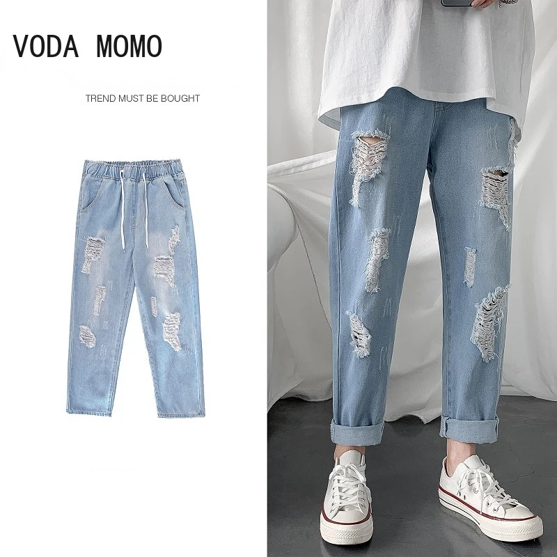 Summer Slim Fit Jeans for Mens Streetwear Korean Designer Regular Distressed Denim Homme Pants Hip Hop Hole Trousers | Мужская одежда