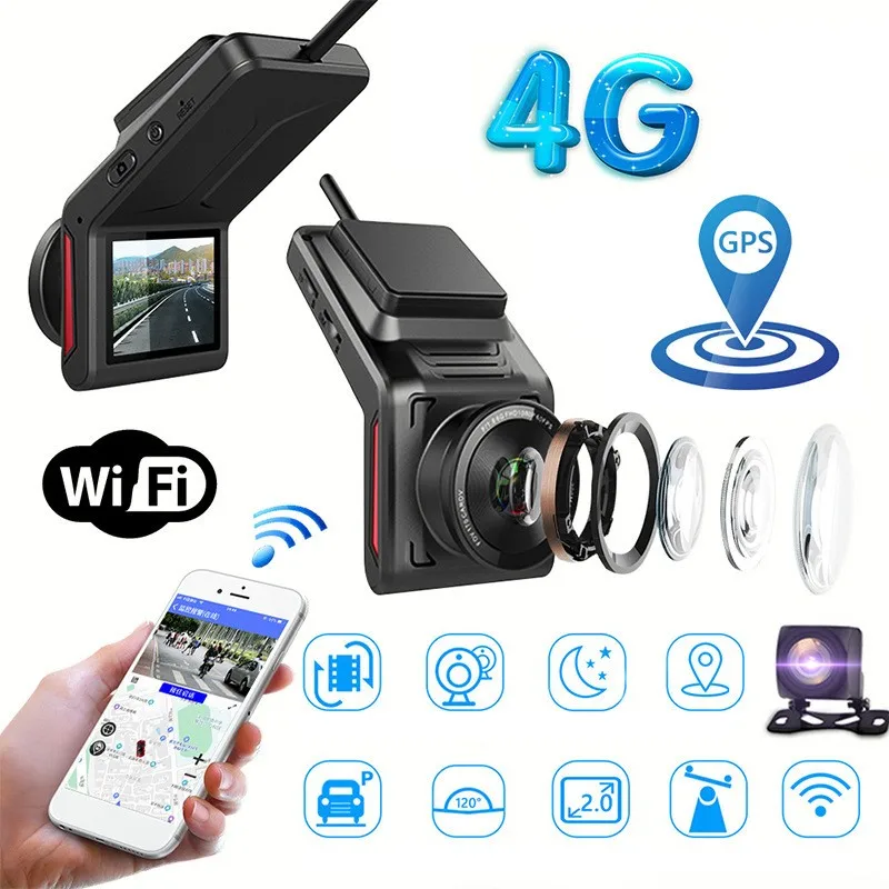 Auto Anteriore E Posteriore Dual Channel Dash Cam Ultra Hd Visione Notturna Grandangolare Monitoraggio Remoto Wireless App Telecomando 4G