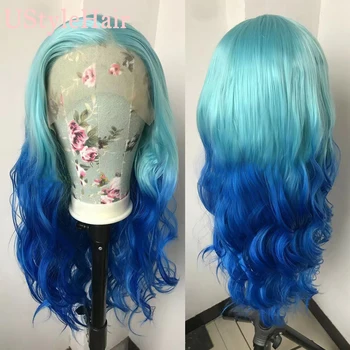 UStyleHair Ombre Blue Long Body Wave Wig Fashion Color Synthetic Lace Front Wig Light Roots Heat Resistant Fiber Hair Daily Use
