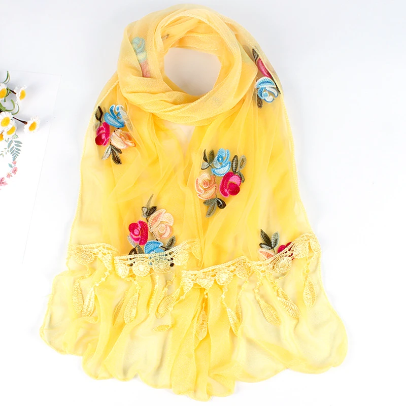 

2024 New Lace Double Embroidered Scarf Tassels Pendant Rose Flower Long Warm Breathable Turban Soft Thin Women Shawl Xmas Gift