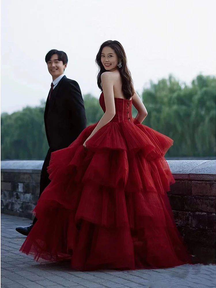 

Red Ball Gown Women Wedding Dresses Tulle Tiered Bridal Gowns Formal Occasion Vestido De Noiva robe de mariée