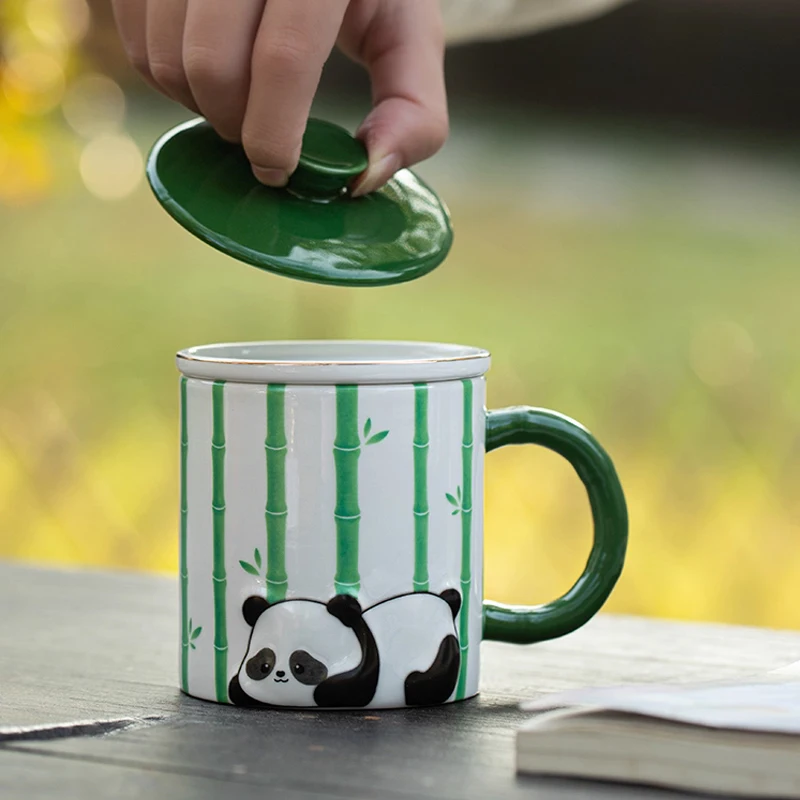 Chinese Style Ceramic Bamboo Panda pattern Mug Home Personal Creative Teacup With Cover Filtered Tea Water Separation 360ml, 1Pc