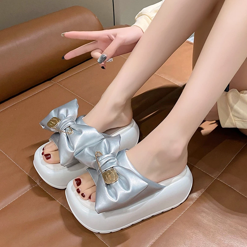 

7CM Heels Chunky Platform Slippers Big Bow Women Open Toe Thick Bottom Wedges Sandals Woman Summer Female Beach Flip Flops