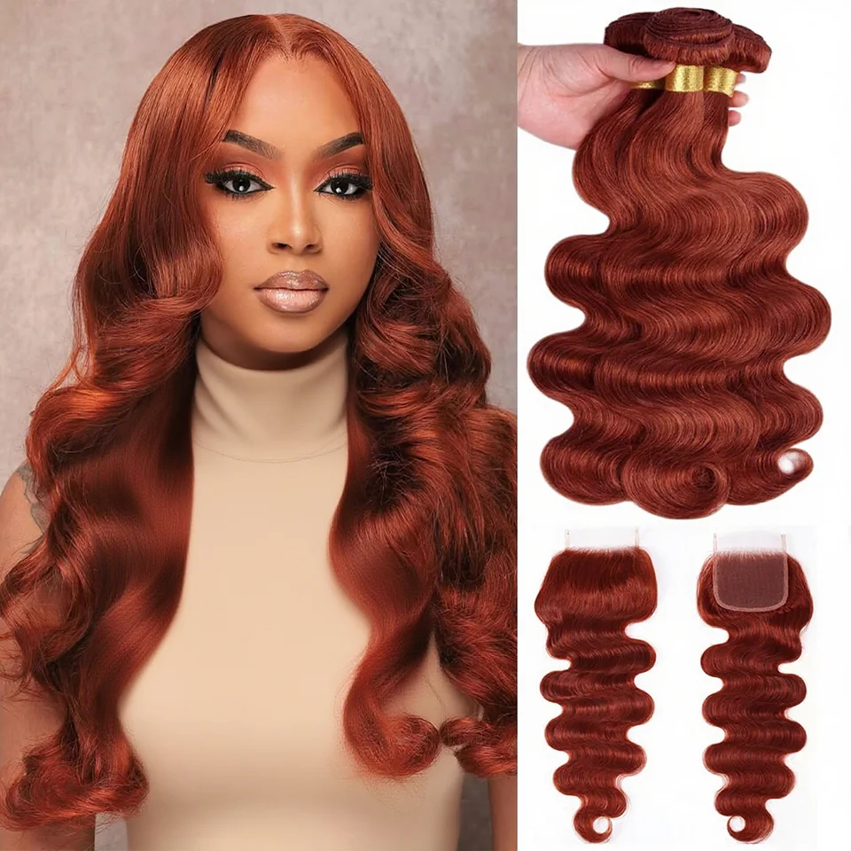 Reddish Brown Body Wave Human Hair Bundles with 4x4 HD Lace Closure Free Part Color 33 Brazilian Remy Hair Copper Red Wavy Color