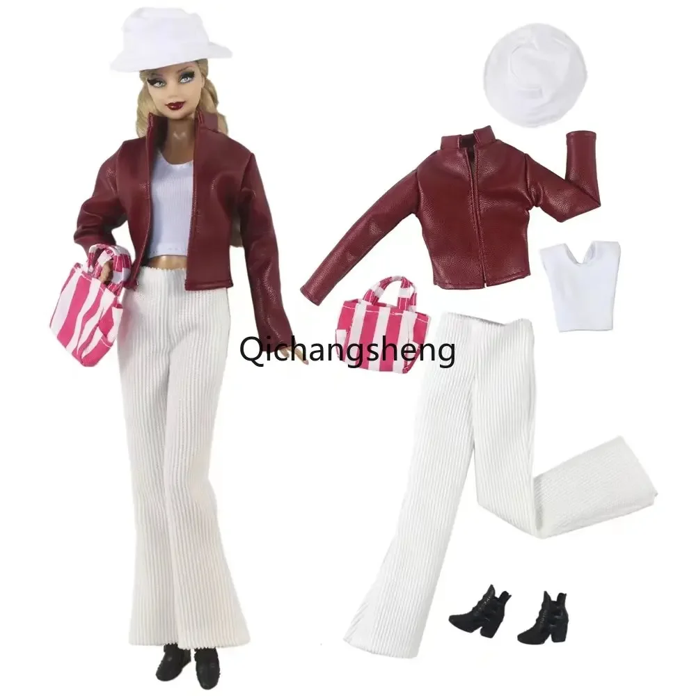 1/6 BJD Doll Clothes Set For Barbie Outfits Wine Leather Coat Jacket Tank Top Pants Shoes Hat 11.5