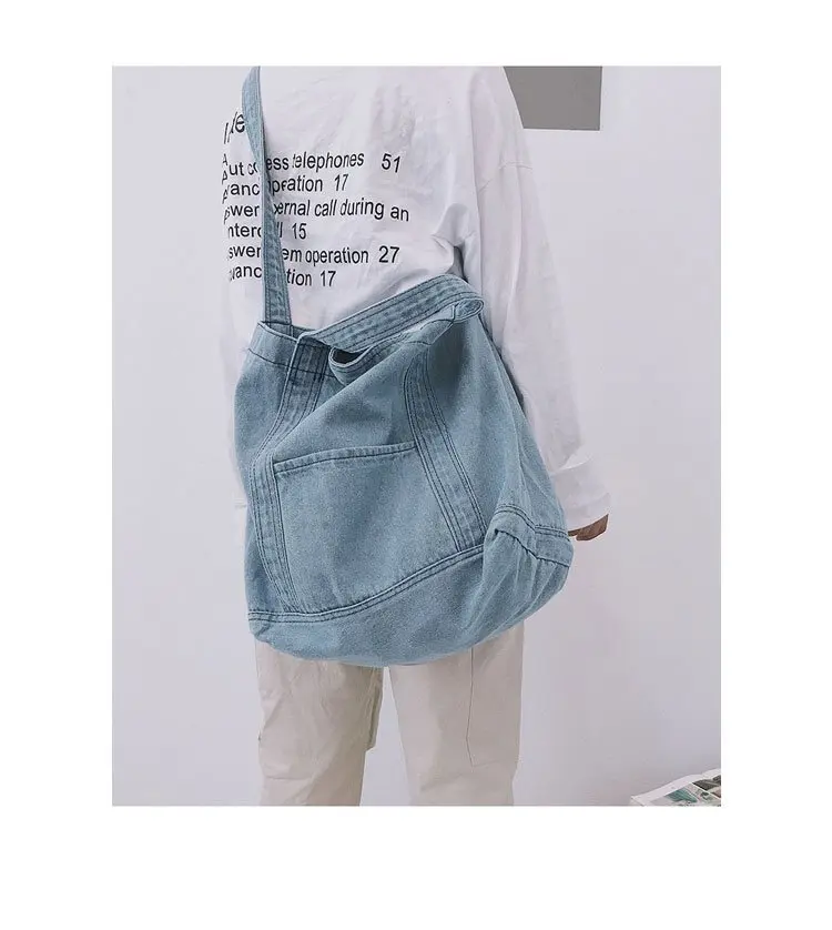 Big Soft Denim Slouch Shopping Bag Jean Fabric Female Handbag Leisure Korean Fashion Woman Shoulder Messenger Top-handle Bag New