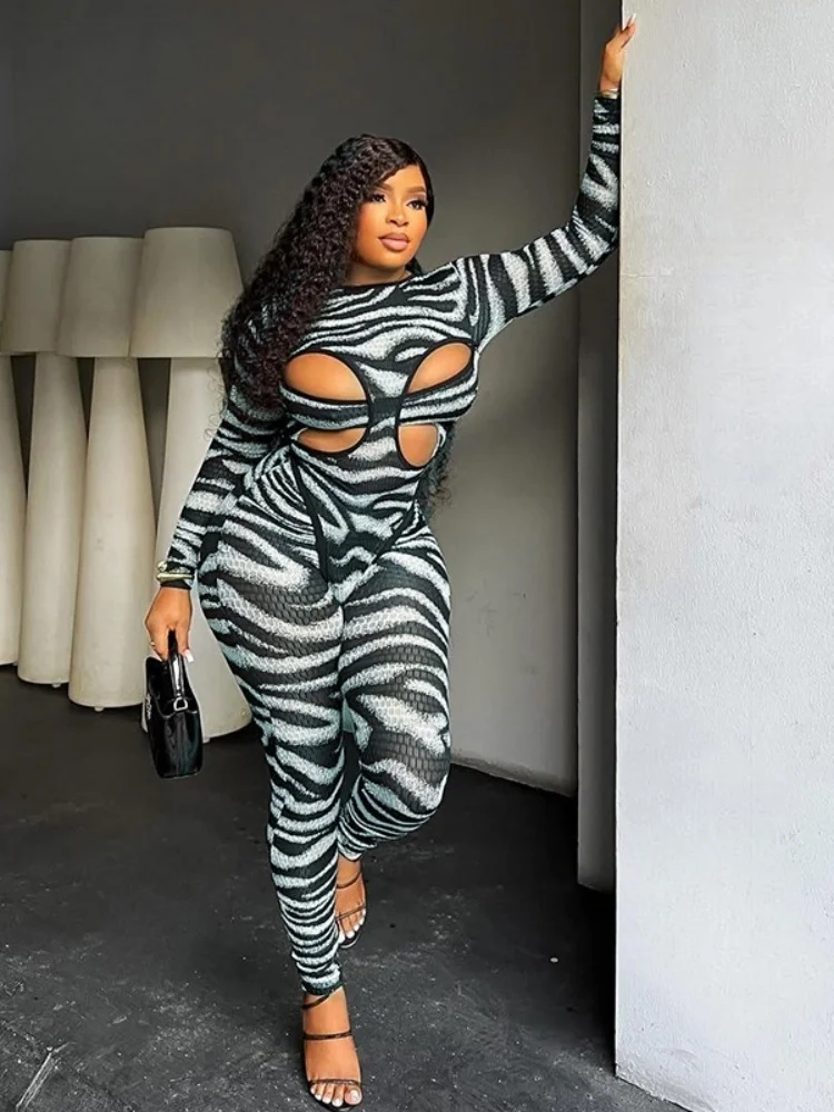 Wmstar Two Piece Sets Women Fashion Hollow Out Jumpsuit and Top Zebra Stripes Autumn and Winter Matching Suit 2025 New Style