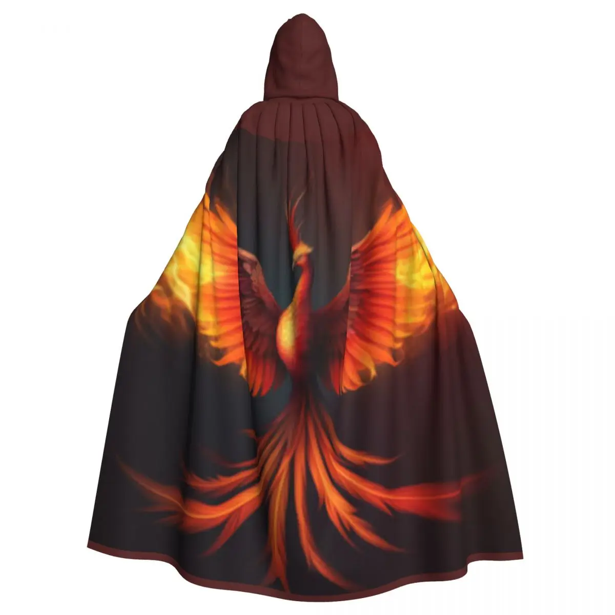 

Adult Halloween Rising Fire Burning Phoenix Cloak Cape Hooded Medieval Costume Full Length Dress Coat