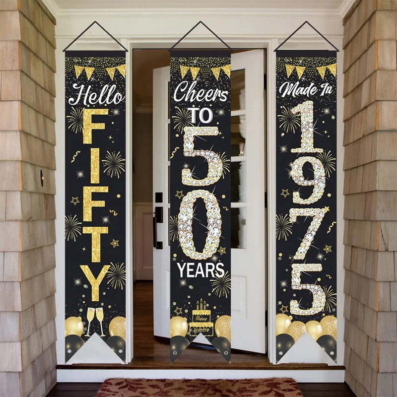 50th Birthday Door Curtain Cheers to 50 Years Hanging Banner Black Golden Birthday Party Decoration For Home Anniversary Decors