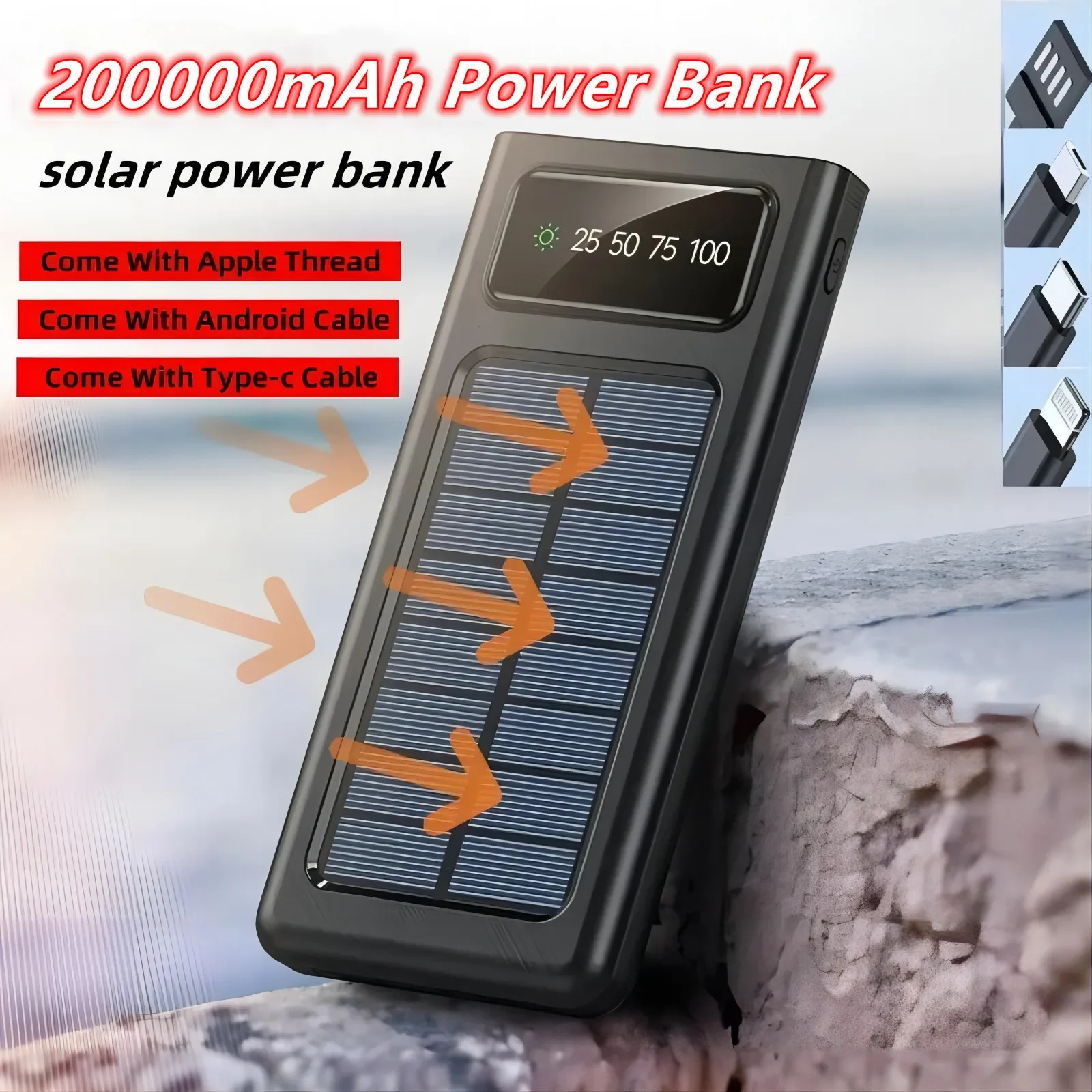 Solar Charging Power Bank, 200000mAh, capacidade ultra-grande, vem com quatro fios, adequado para Samsung, Apple, Huawei