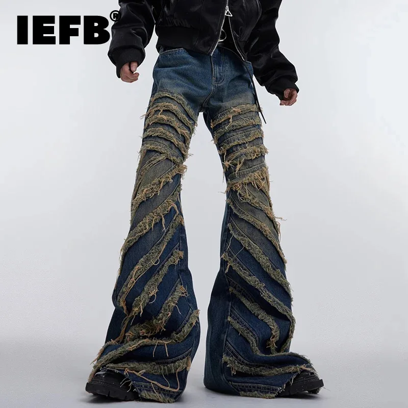 

IEFB Trend Men's Baggy Jeans Striped Spliced Personality Streetwear Vintage Micro Flared Denim Pants 2023 New High Street 9C3065