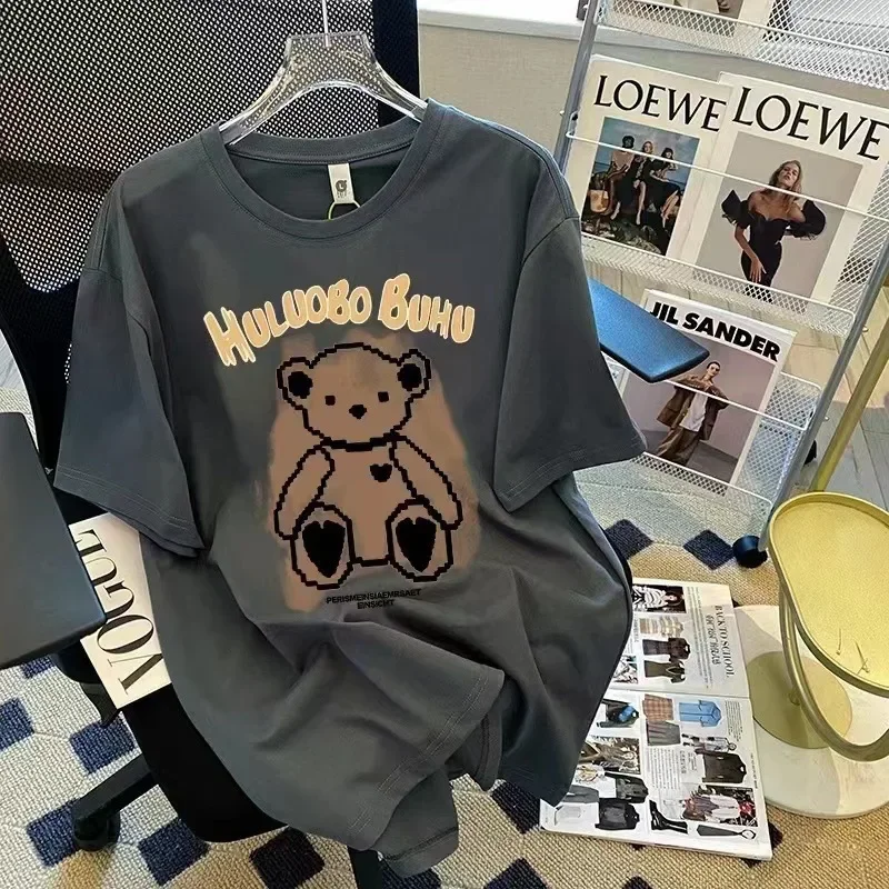 

Футболка с коротким рукавом и мультипликационным медведем, Новинка лета 100, Корейская версия свободной тонкой черной рубашки