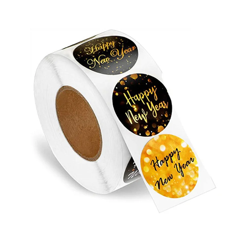 100-500pcs Happy New Year Stickers 8 Designs 1.5'' Round Black Gold Labels Stickers for Christmas Gift Cards Envelopes Boxes