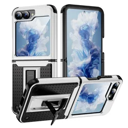 Durable Shockproof Hard Shell Phone Case with Holder - Galaxy Z Flip4 (Black white)