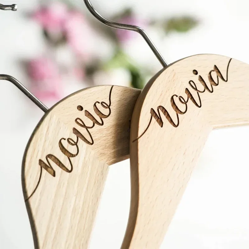 

Spanish Novia Novio Bride dress Groom Suit Newlywed couple wooden Hanger rustic Wedding engagement Bridal Shower Mr Mrs gift