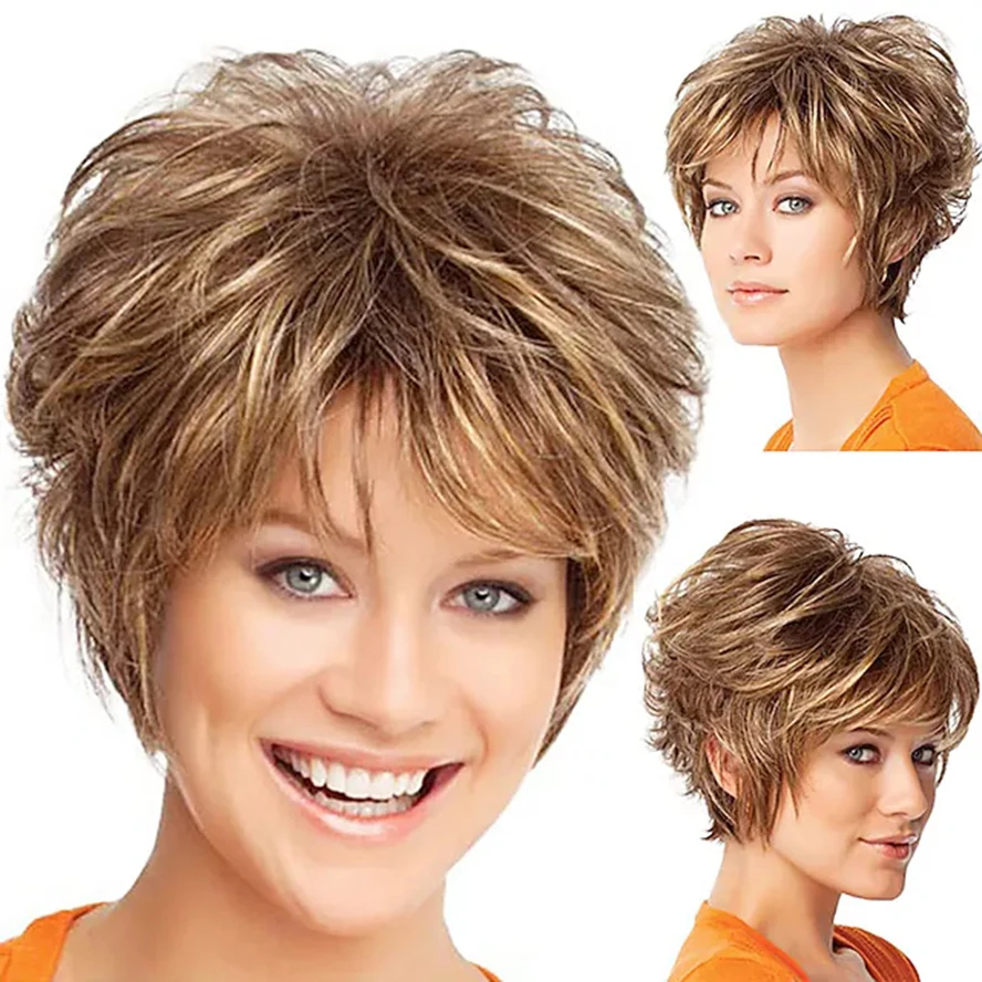 

Brown Wigs for Women human hair blend Wig Curly Pixie Cut Layered Haircut Wig