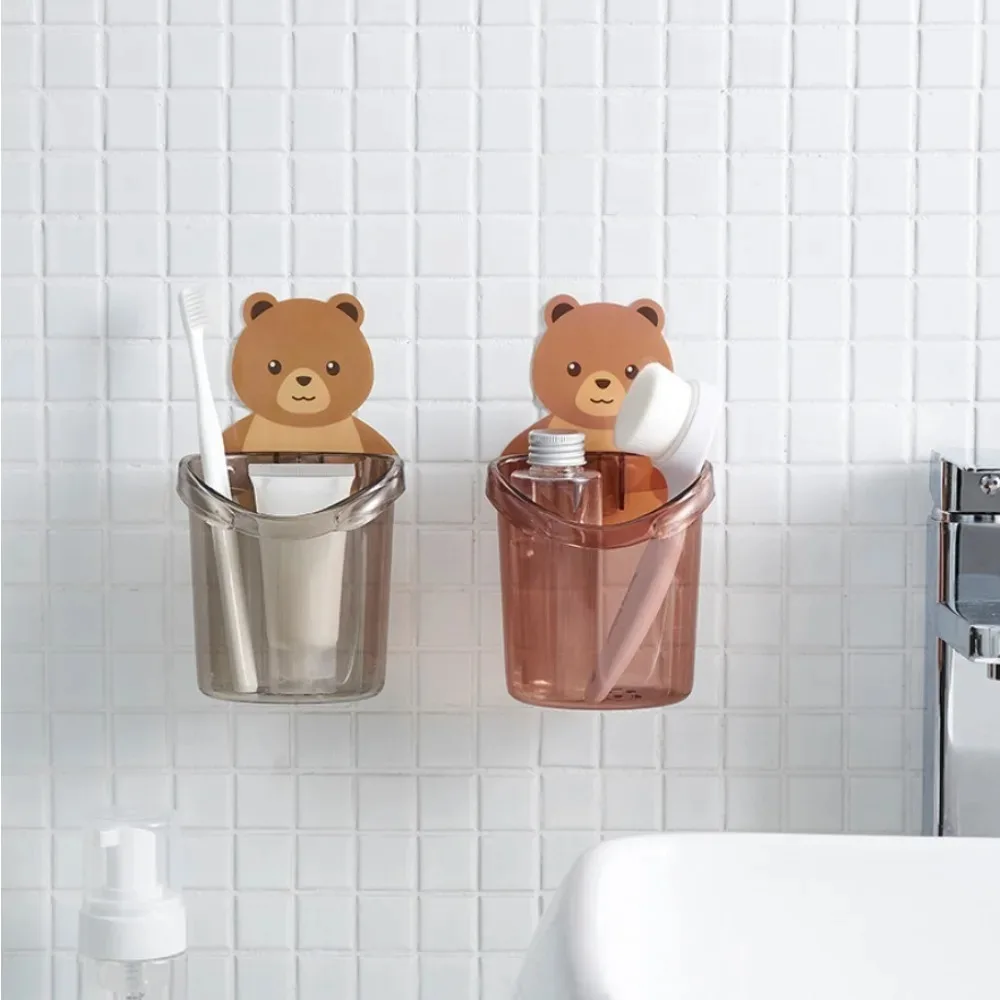 Toothbrush Holder Bear Wall No Drill Wall Mount Kids Bathroom Organizer Cute Non Slip Brush Holder Bath Accessories Shelf