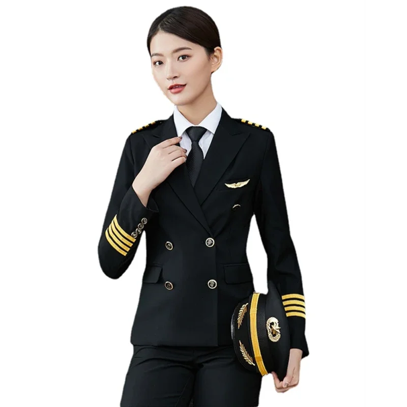 

Pilot Uniform Women Airline Air Hostess Flight Attendant Aviation Uniforme Aviator Workwear Jacket Pants Pilot Suit Costume