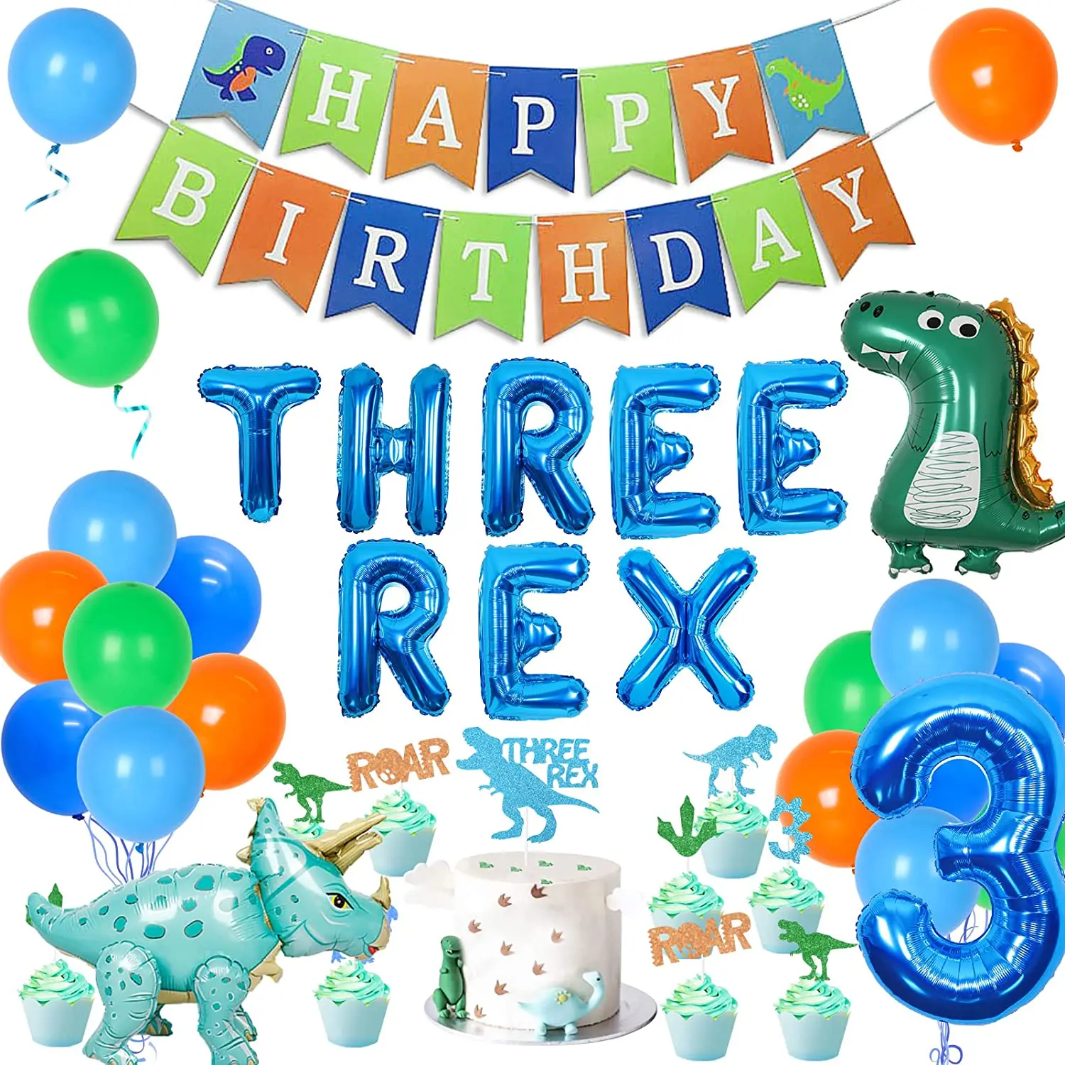 

Three Rex Birthday Party Decorations Blue Dinosaur 3rd Birthday Party Supplies for Boy Number 3 Balloons Happy Birthday Banner