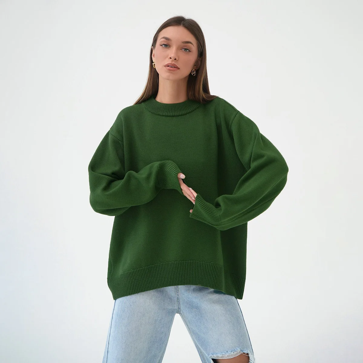 

Women Sweaters Long Sleeve O Neck Knitted Pullovers Solid Color Loose Fit 2023 High Street Jumpers Slight Strech Autumn