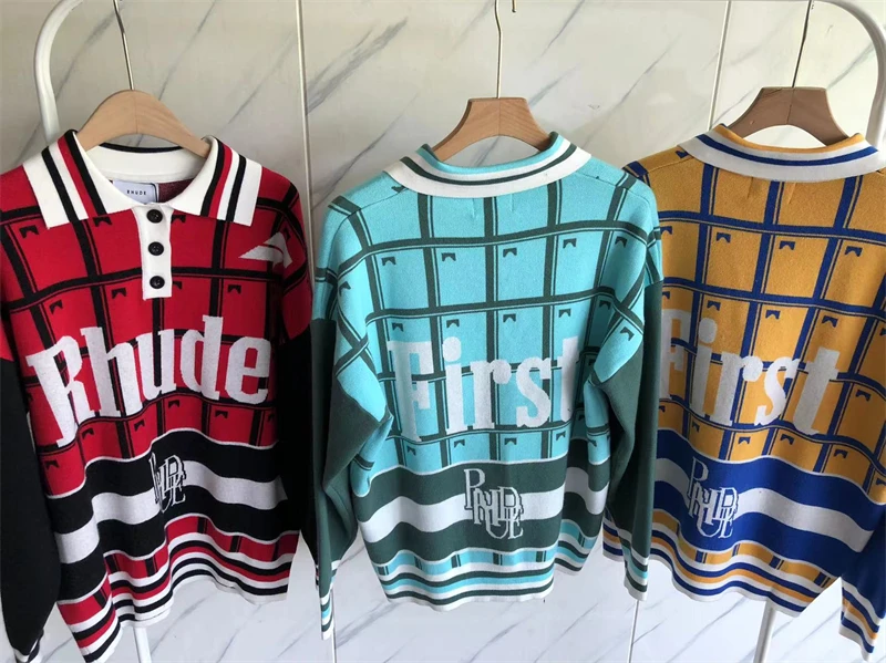 

High Quality 1:1 Jacquard Plaid Rhude Sweater Men Women Casual Loose Knitted Rhdue Sweatshirts Inside Tags