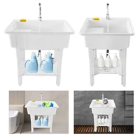 Small/Large Utility Sink with Cold and Hot Water Faucet Hoses and Drain Kit Freestanding Plastic Laundry Sink with Washboard 1