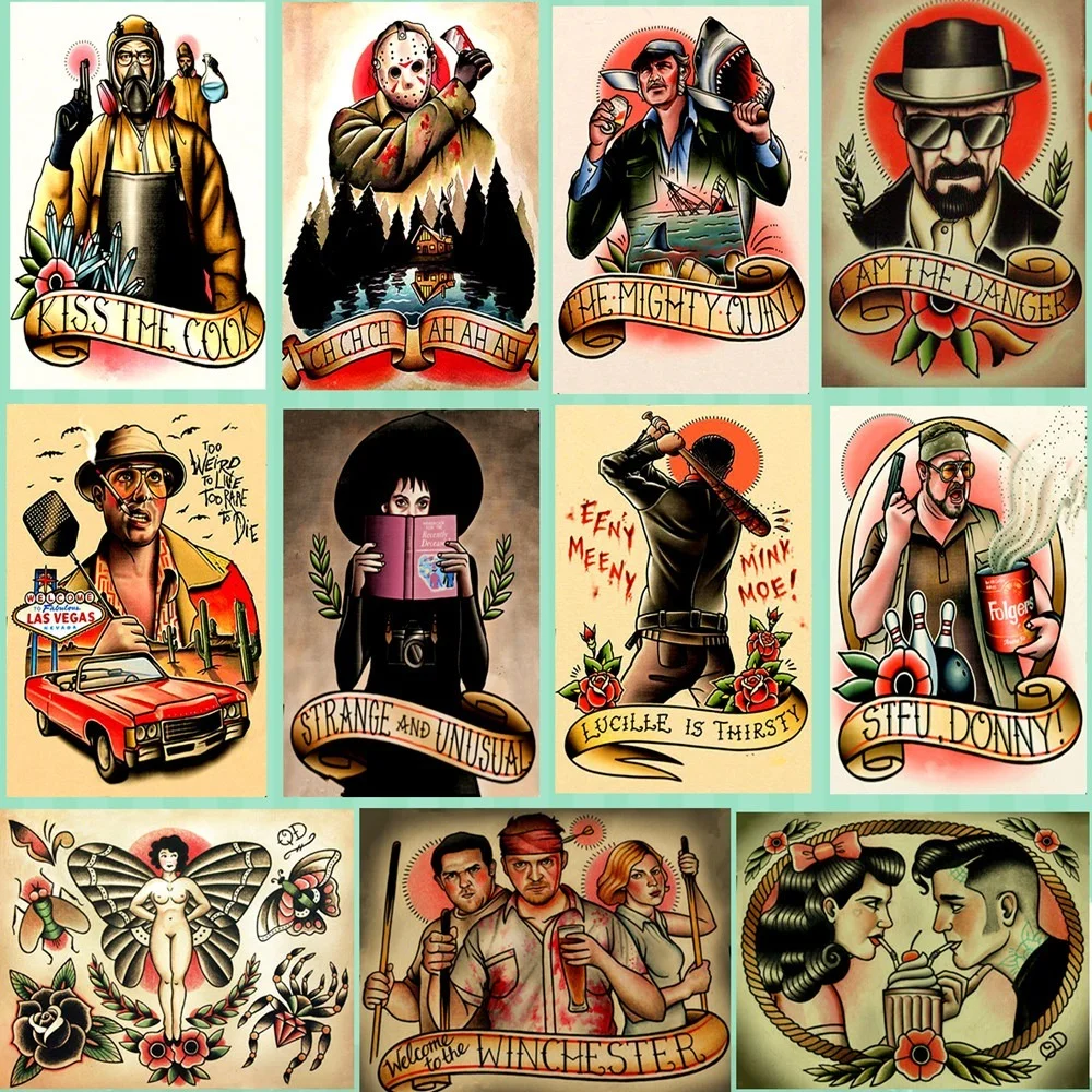Tattoo\boxing\barber\shaving Old School Tattoo Design Painting Wall Art  Retro Kraft Poster Wall Sticker Barber Shop Home Decor - Plaques & Signs -  AliExpress