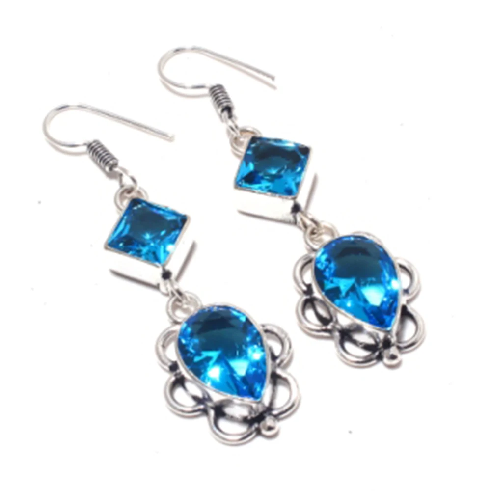 Orecchini Topas Blu Argento Sovrapposti Su Rame, 60 Mm , E4177