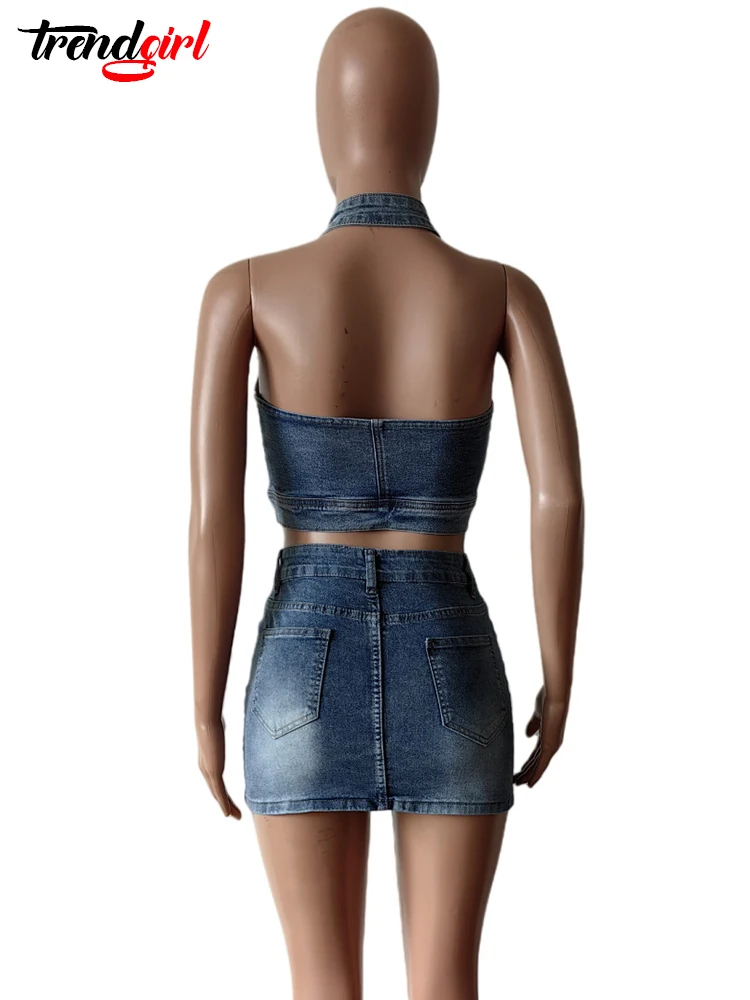 Trendgirl Sexy Party Stretch Denim Two 2 Piece Set Women Embroidery Birthday Outfits Halter Tank Tops Mini Skirts Suits Clubwear