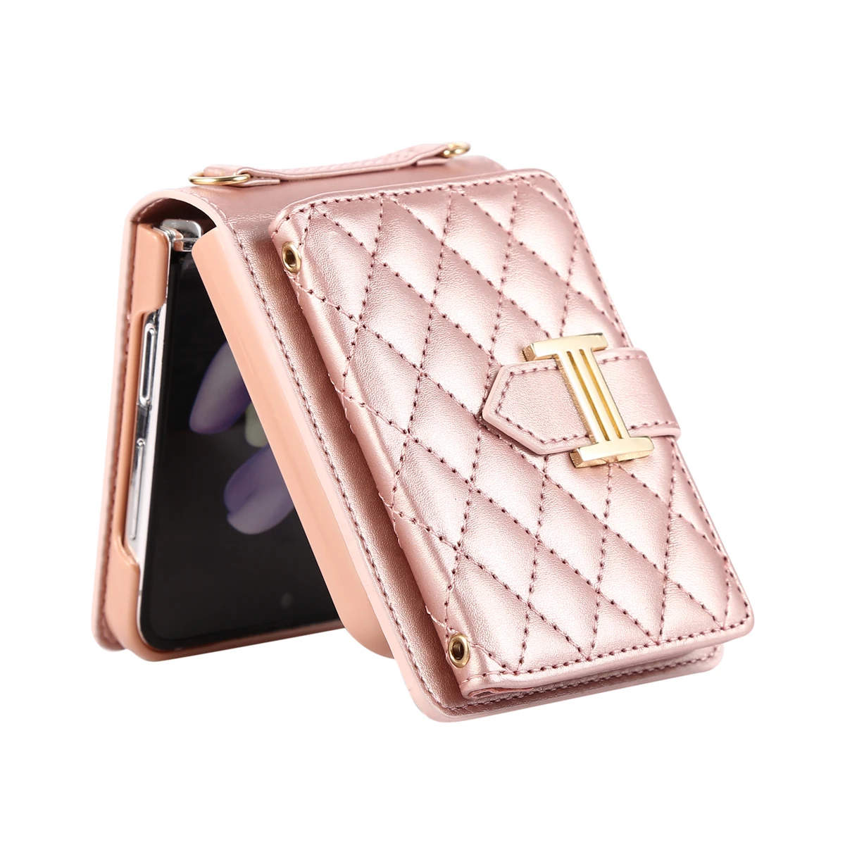 Crossbody Cards Slot Wallet Leather Case for Samsung Galaxy Z Flip 8 7 FE 6 5 4 3 Flip6 5G Lanyard Diamond Embossing Strap Cover — view 3