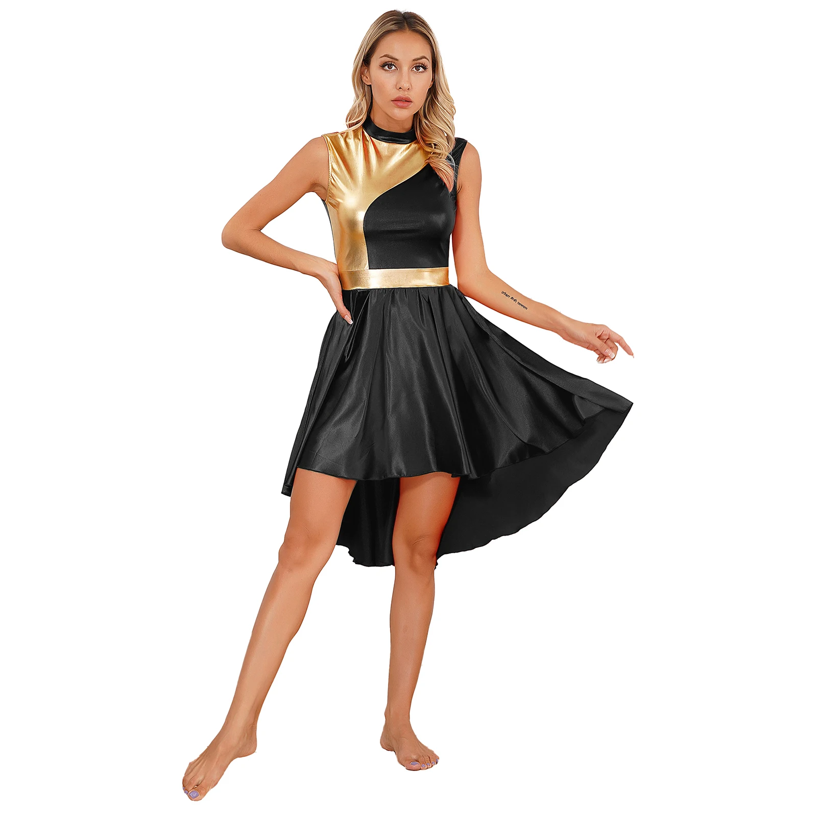 Womens Contemporary Lyrical Dance Dress Metallic Color Block Sleeveless Dresses Liturgical Modern Dance Performance Costume HOT