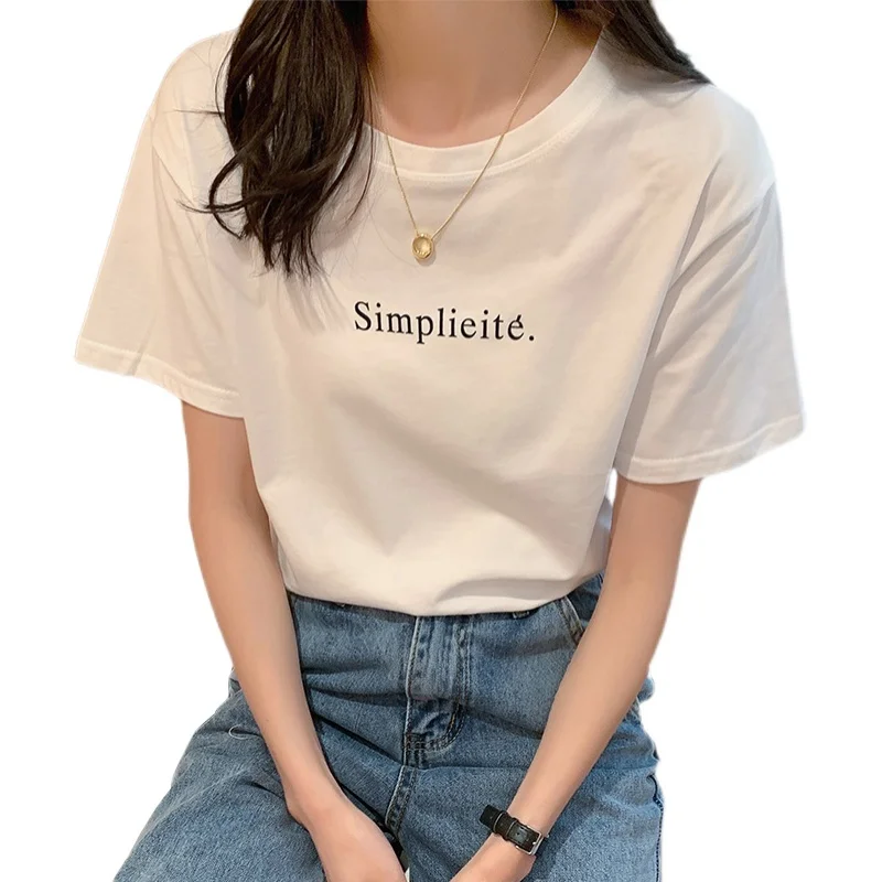 

Woman Tops Solid Color Women's Cotton T-shirt Summer Basic Fashionable Lady Short Sleeve Loose Tops Shirts Top Popular Women Tee