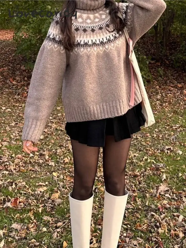 

Женский жаккардовый джемпер в рубчик, винтажная Водолазка с длинным рукавом, теплый пуловер, топы, Осень-зима, Рождественский мягкий свитер с узором