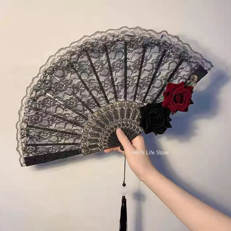 Lolita Gothic Fan Victorian Female Lace Hand Fan Vintage Black White Red Rose Bamboo Fans Cosplay Halloween Party Supplies