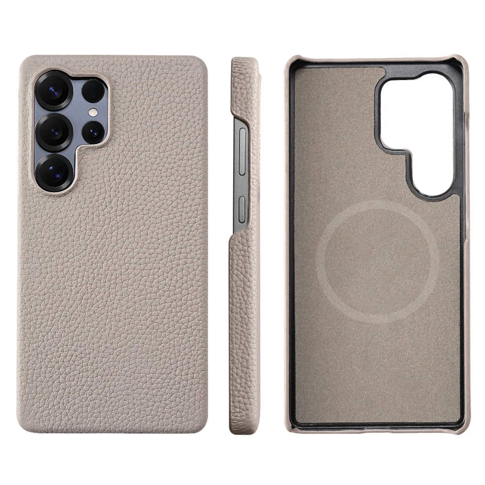 Luxury Natural Cowhide Lychee Leather Magnetic Phone Case with MagSafe – Premium Protector Cover