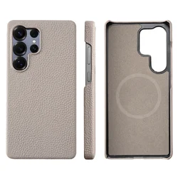 Luxury Natural Cowhide Lychee Leather Magnetic Phone Case with MagSafe - Premium Protector Cover - Galaxy S26+ (GRAY)