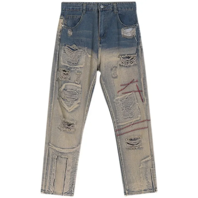 Vibe Streetwear American Style Vintage Ripped Straight Leg Denim Pants Men's Washing Destructed Slims Smooths Your Silhouette