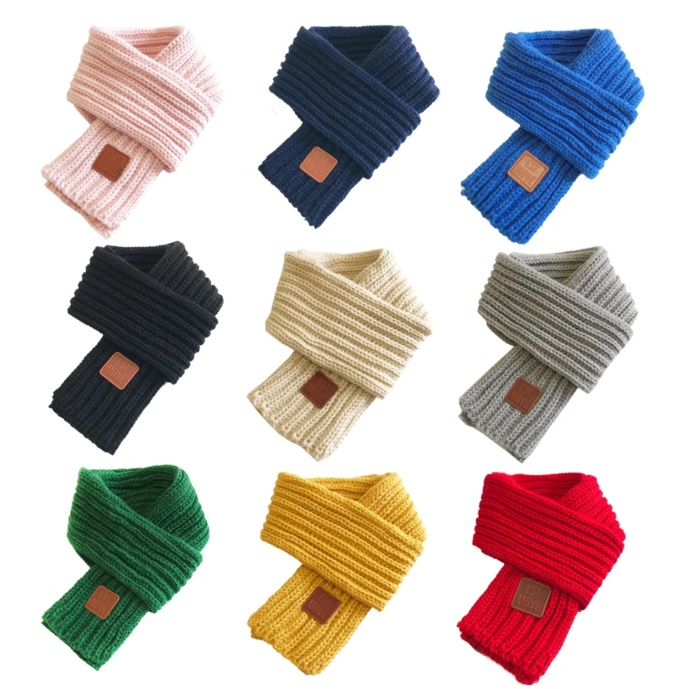 Winter Baby Scarfs Knitted Kids Neck Warmer Leather Lable Cross Children Boys Girls Scarves Baby Accessories 9*110cm