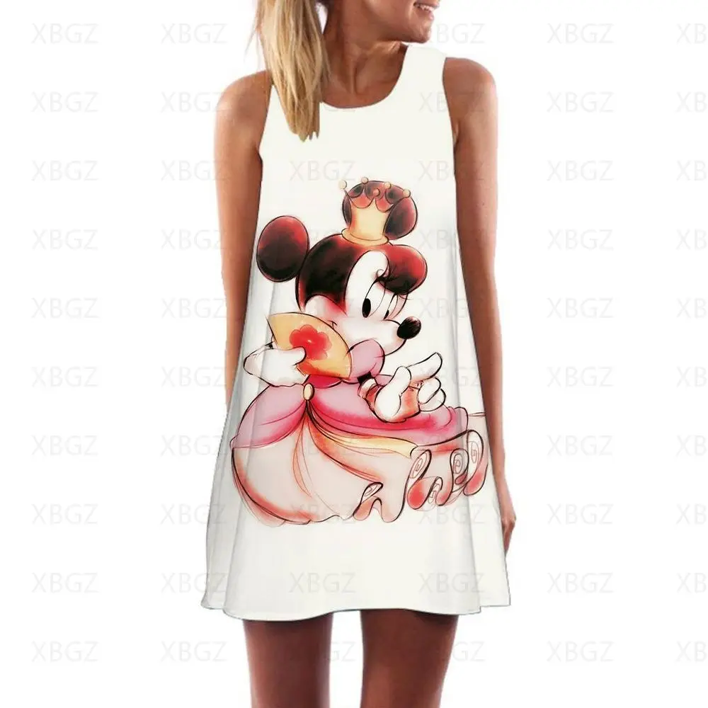 Women's Dress Boho Minnie Mouse Dresses 2022 Sleeveless Summer Sundresses Mickey Woman Cartoon Mini Disney Loose Cool Fashion 3D