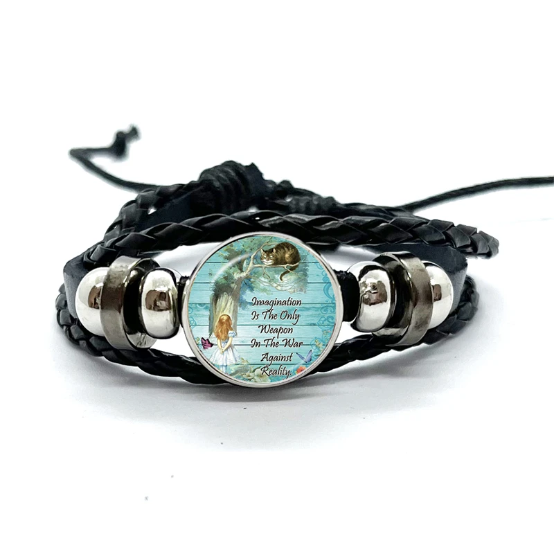 Alice In Wonderland Wonderland Garden Leather Bracelet Cartoon Glass Cabochon Button Multilayer Bangles Wristband Gift 4