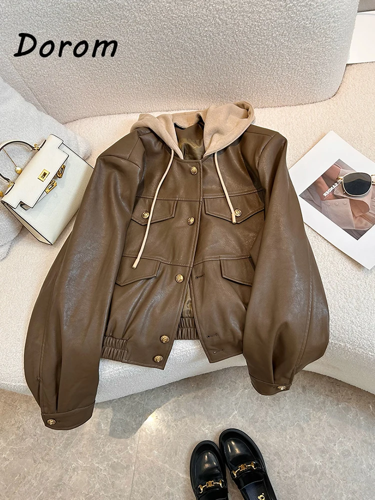 

Vintage PU Leather Hooded Patchwork Jacket Women Autumn BF Punk Loose Casual Biker Jacket High Street Button-up Long Sleeve Coat