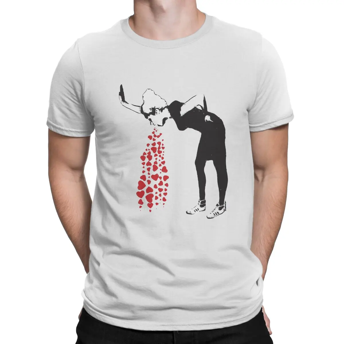 

Banksy Wall Art Sick Woman with Snickers Vomitting Hearts Tshirt Graphic Men Tops Vintage Goth Summer Clothing Harajuku T Shirt