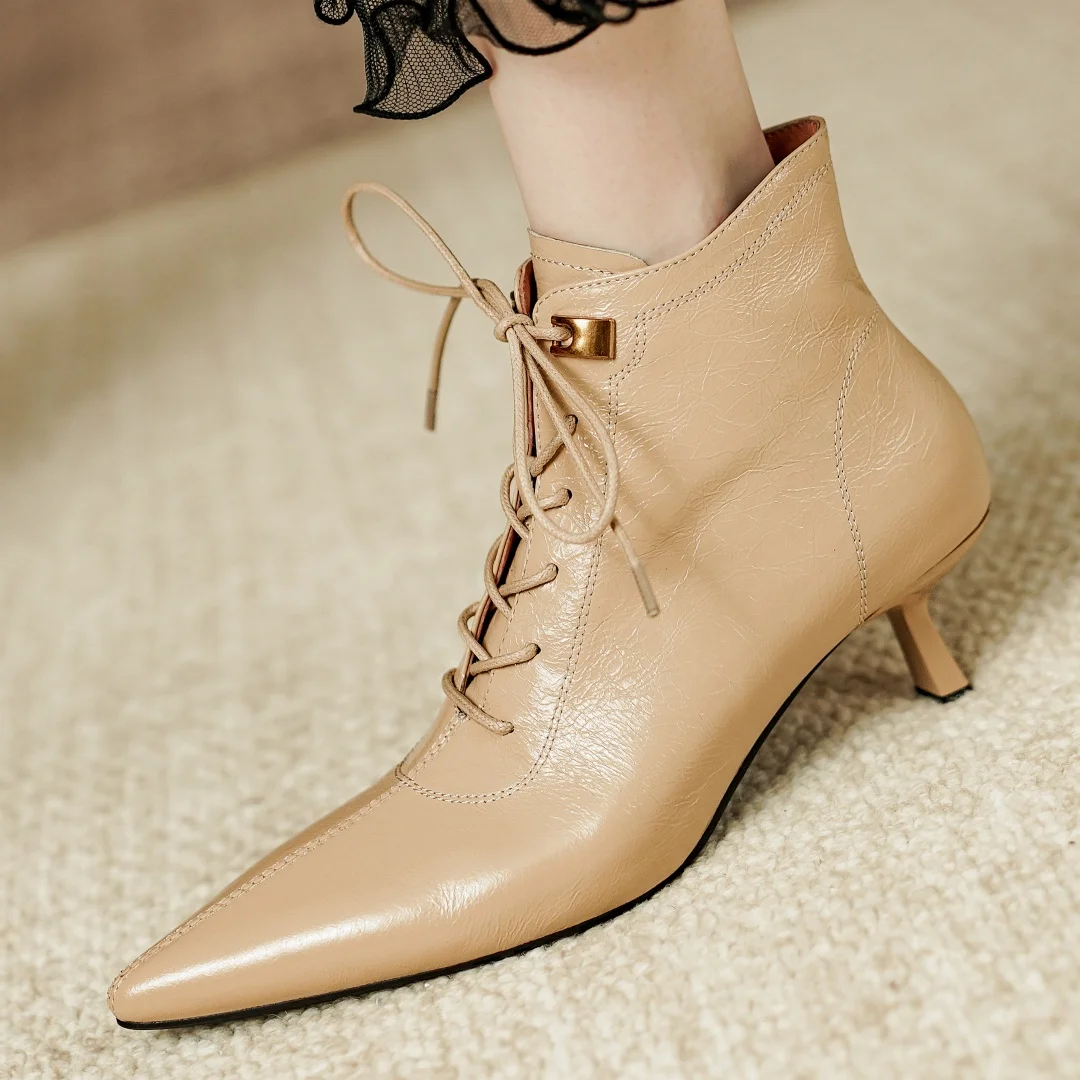 

Women's cow leather thin high heel pointed toe lace-up autumn ankle boots elegant ladies pigskin/short plush inside short boots