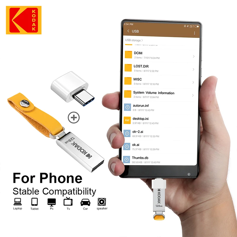 USB Flash Drive Type C Pendrive KODAK USB 2.0 Flash Drive 32GB 64GB 128GB Pendrive Waterproof Memory Stick Leather Landyard Metal U Disk + Type-c Reader