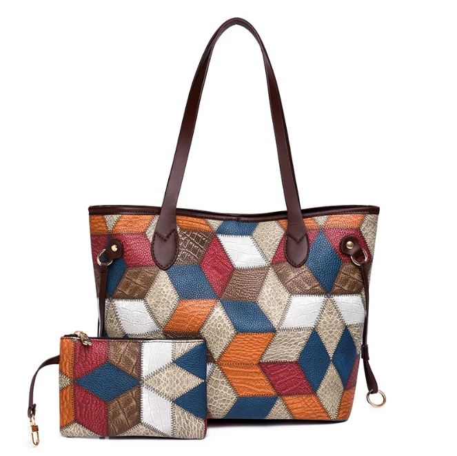 

Wholesale Classic Fashion Women Shoulder Tote Hand Bag Big Capacity 2pcs in1 Handbag Set Patchwork Leather Bag for Women
