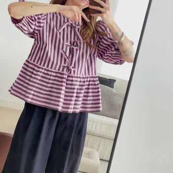 Fashion Women Peplum Shirt Puff Short Sleeve Lace Up Bow Blouse Tie Open Front Ruffle Hem Blouses Tops Streetwear 3