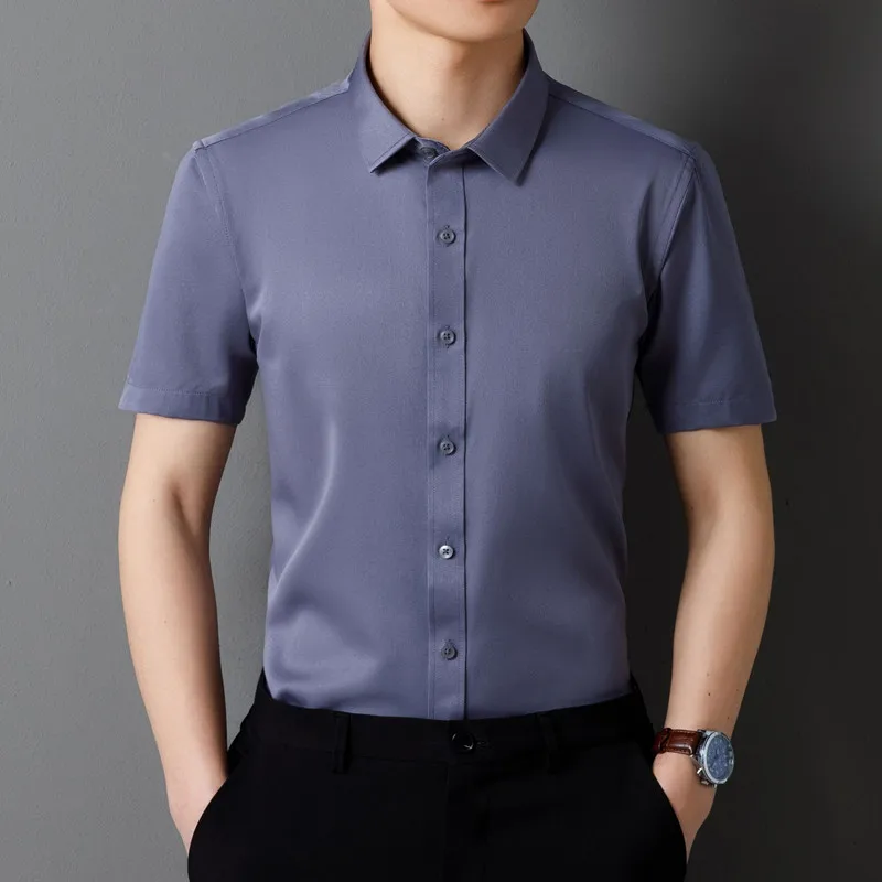 Classic Men's Shirt Summer Short Sleeve Business Formal Fit Soft Anti Wrinkle Social Smooth Workwear Blue Black Grey Large 5XL 5